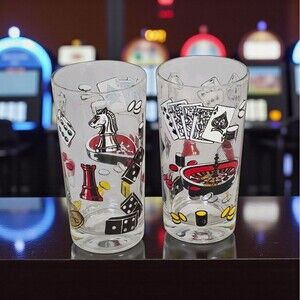 Vintage Hazel Atlas Rumpus Room Casino Glasses Set of 2 Poker Dice Cards Barware